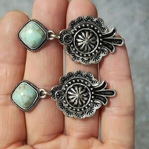 VINTAGE FAUX TURQUOISE SILVER-TONE FILIGREE DROP DANGLE POST 2" EARRINGS